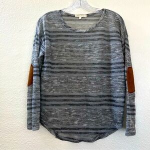 Miss Daisy Lightweight Sheer Gray Striped Sweater Suede Elbow Patch Women's Sz M